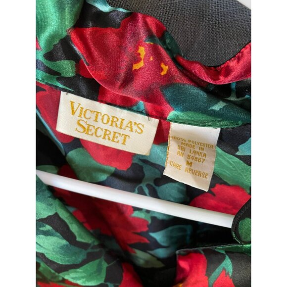 Vintage Victorias Secret Floral Satin Button-Down Nightshirt M Red & Green Hibis - Picture 4 of 9